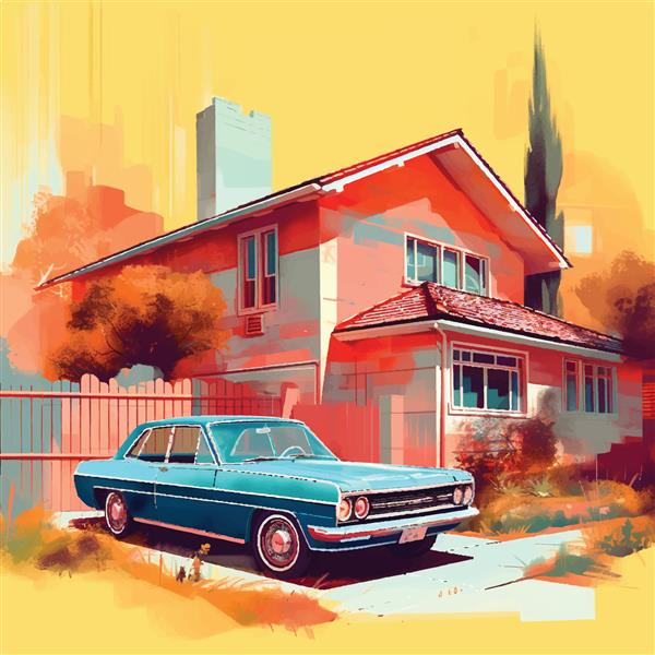 وکتور نقاشی یک خانه با ماشینی پارک شده در کنار آن