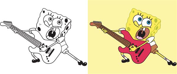 طرح طرح کلی تصویر کارتونی وکتور باب اسفنجی در حال نواختن گیتار