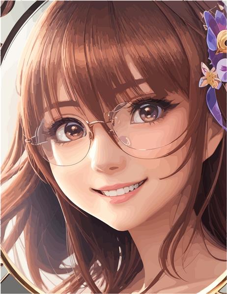 دختر انیمیشن هنر مفهومی اسملی با عینک موهای قهوه ای و گل پرتره تصویر برداری مو کاوایی