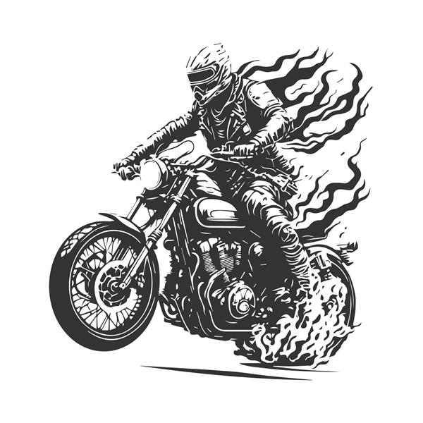 راکب موتورسیکلت با کلاه ایمنی و کاپشن با سرعت زیاد سوار موتورسیکلت شده بود نماد سوار با جلوه آتش شعله ور