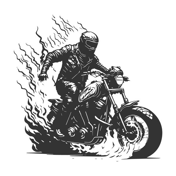 یک موتورسوار با کلاه ایمنی تمام صورت و ژاکت چرمی سوار بر موتور سیکلت در حالی که دست راست خود را از روی فرمان خارج می کند