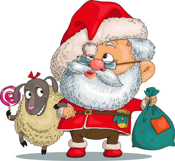 بردار کارتون خنده دار بابا نوئل دست در دست با بره در دست دیگر کیفی با هدایا در دست دارد اشیاء جدا شده