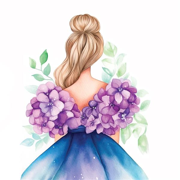 زنی با موهای زیبا و گل های بنفش از رنگ آبرنگ پشت