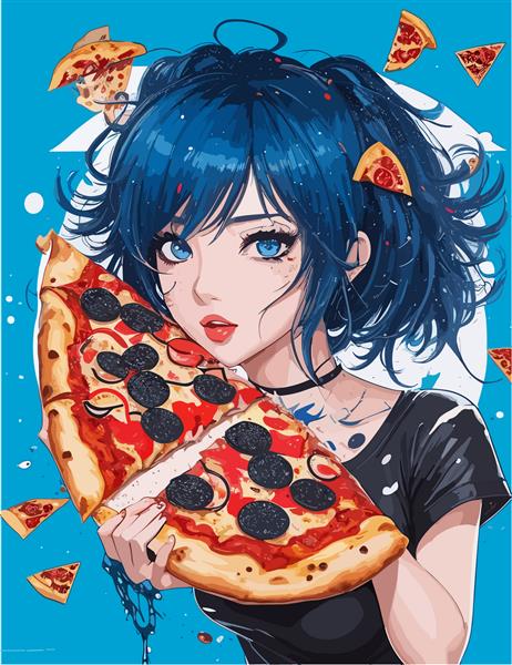 خانم انیمه زیبا در دنیای پیتزا غذاخوری غذا هنر مفهومی بسیار زیبا موهای آبی تصویر برداری وایفو زیبا مو