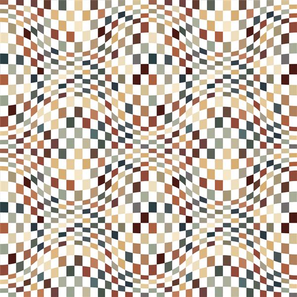 شبکه مواج شطرنجی هندسی با مربع های سفید و چند رنگ الگوی تکرار بدون درز بافت نساجی گرافیکی پس زمینه تزئینی با طرح موزاییک سبک رترو تصویر برداری