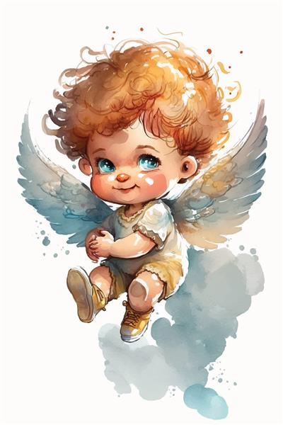 نقاشی آبرنگی از یک بچه فرشته با بال و بینی قرمز