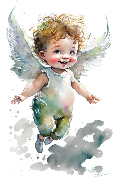 نقاشی آبرنگی از یک بچه فرشته با بال