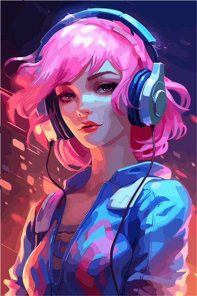 دختری با هدفون در حال گوش دادن به موسیقی به سبک vaporwave رنگ های نئون synthwave futurefunk choromatic تصویر برداری رنگارنگ اشباع زیبا زیبا