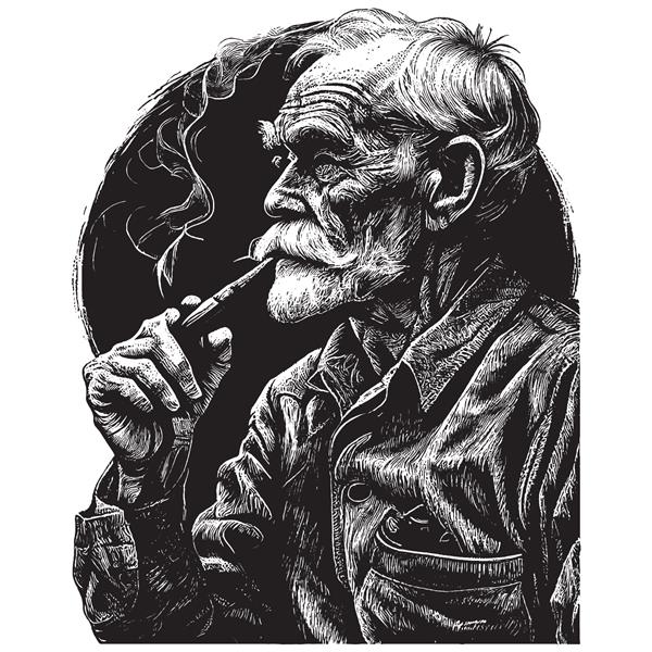 تصویر برداری قدیمی با قلم و جوهر حکاکی دستی پیرمرد در حال سیگار کشیدن پیپ