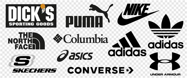 برندهای محبوب پوشاک ورزشی لوگو نایک آدیداس Under Armour DKS Puma Sketchers Columbia Sportswear ASICS The North Face Converse تصویر برداری بلاروس مینسک - 25 آوریل 2023