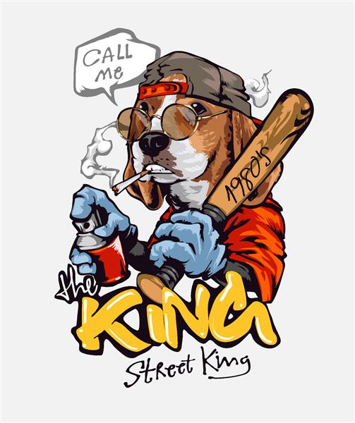 شعار سبک گرافیتی پادشاه با تصویر برداری وکتور رنگ اسپری نگهدارنده سگ کارتونی