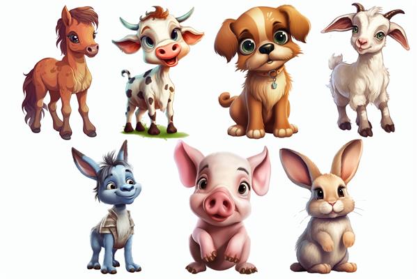 مجموعه حیوانات سافاری اسب الاغ بز خرگوش گاو خوک سگ به سبک سه بعدی تصویر برداری جدا شده
