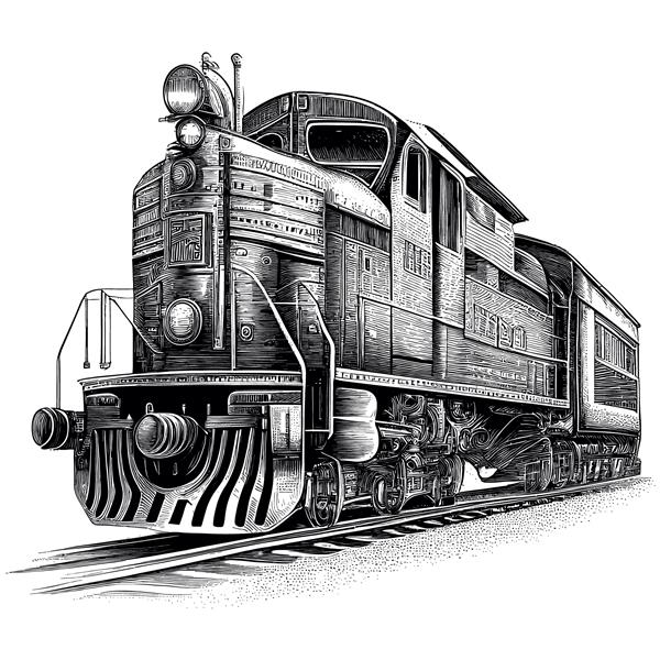 تصویر برداری وکتور قدیمی لوکوموتیو قطار حکاکی با دست و جوهر