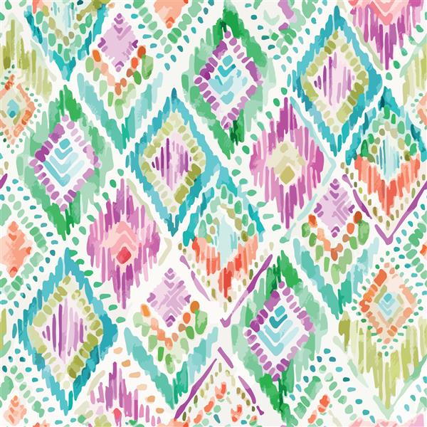 الگوی ایکات بدون درز به رنگ صورتی و سبز مجموعه پس‌زمینه فرش قالیچه یا طرح‌های قومی برای چاپ یا کاغذ دیواری پارچه‌ای هنر انتزاعی بافت‌دار گرانج