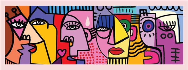 گروهی از چهره انتزاعی رنگارنگ سبک هنری کوبیسم تزئینی تصویر برداری دست کشیده با هنر خط