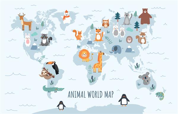 نقشه دنیای حیوانات مطالب آموزشی برای کودکان زیست شناسی و جانورشناسی جانوران کشورها و قاره های مختلف طبیعت و کشف تصویر برداری تخت کارتونی