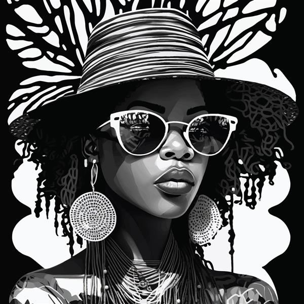 زن انتزاعی آفریقایی آمریکایی با کلاه و عینک آفتابی با طرح و گل های آفریقایی سیاه و سفید تصویر برداری برای طراحی مد و چاپ تیشرت