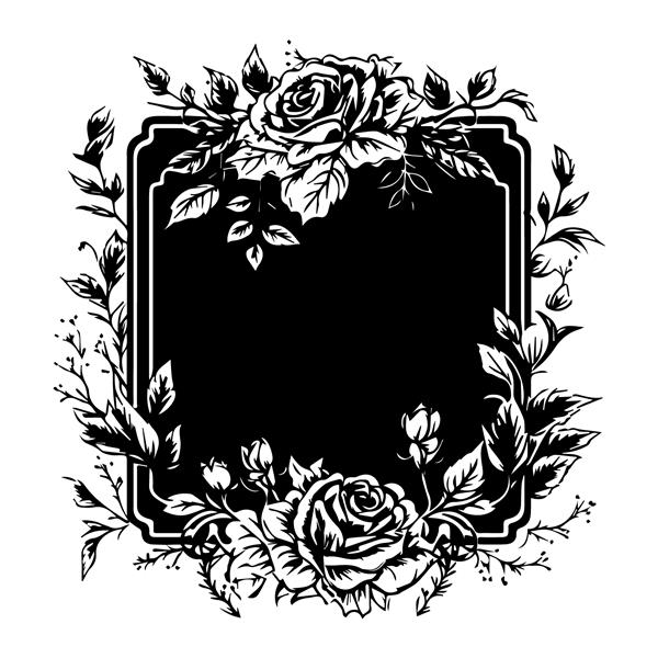 تصویر قاب تزئینی لوگوی گلدار سیاه و سفید که با دست طراحی شده است جلوه ای زیبا به هر پروژه برندسازی یا طراحی می بخشد