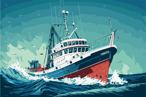 قایق ماهیگیری وکتور تصویر هنری قایق روی آب کشتی شناور روی دریا کشتی دریایی در اقیانوس صنعت ماهیگیری قایق موتوری طرحی قدیمی از افرادی که در حال ماهیگیری هستند گرافیک ایزوله
