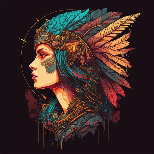 دختر هندی بومی آمریکا پرتره موهای زیبا با پر تزئین شده است نمای کنار بسیاری از رنگ های روشن مناسب برای تیشرت پوستر جلد نوت بوک لباس