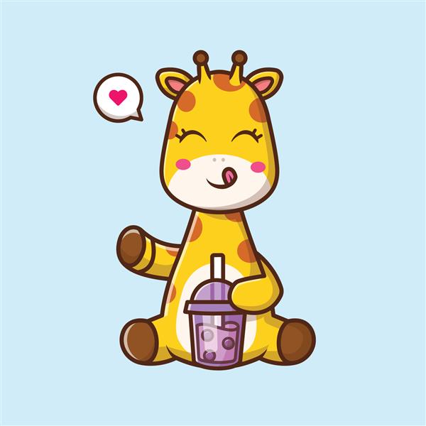 تصویر وکتور کارتونی زرافه ناز در حال نوشیدن چای شیر بوبا نماد نوشیدنی حیوانی isolatedeps