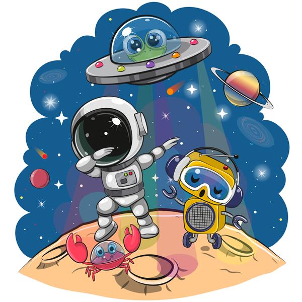 کارتون زیبای فضانورد و ربات در حال رقص روی ماه در پس زمینه فضایی