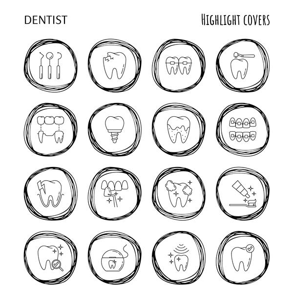 کابینت دندانپزشکی ابزار دندانپزشکی مسواک و خمیر دندان پوسیدگی روکش سفید کردن دندان ایمپلنت جرم گیری ارتودنسی نکات برجسته برای داستان ها مجموعه آیکون های خط نازک تصویر برداری