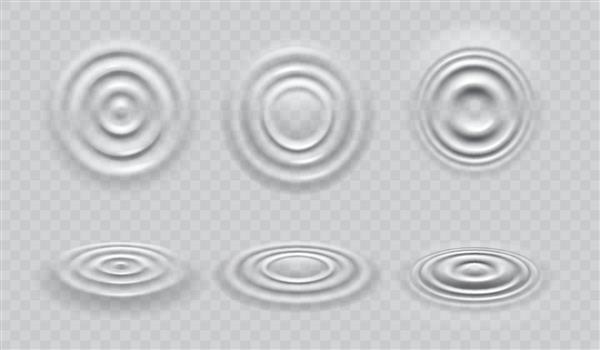 امواج آب موج دار نمای بالا وکتور سه بعدی واقع گرایانه قطره سوزاننده یا جلوه حرکت پاشش صدا دایره های متحدالمرکز در گودال مجموعه ای از چرخش های گرد روی سطح مایع بافت آبی گرافیکی صاف انتزاعی