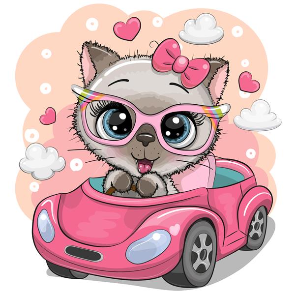 کارتونی ناز دختر بچه گربه سیامی سوار ماشین صورتی می شود