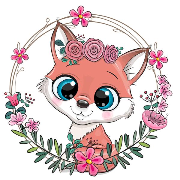روباه کارتونی ناز با گل و پاپیون در قاب گل