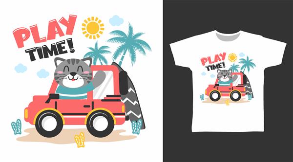 طراحی هنری تیشرت کارتونی گربه تعطیلات در ماشین