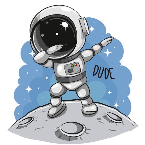 کارتون زیبا فضانورد رقصنده روی ماه در پس زمینه فضایی