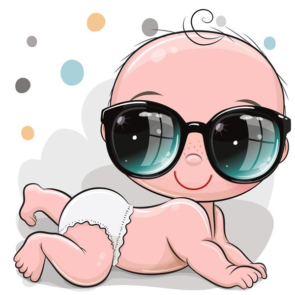 کودک کارتونی زیبا با عینک آفتابی در پس زمینه سفید