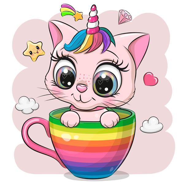 بچه گربه صورتی کارتونی ناز با شاخ در یک فنجان رنگین کمانی نشسته است