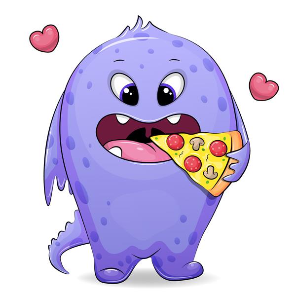 هیولای کارتونی ناز در حال خوردن پیتزا تصویر برداری از یک موجود حیوانی که عاشق غذا است تصویر با پس زمینه سفید