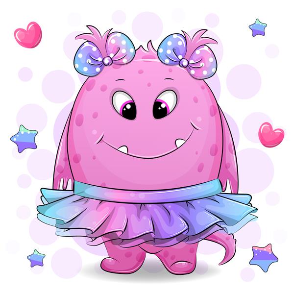 دختر هیولا صورتی کارتونی زیبا با دامن رنگین کمانی و کمان مو تصویر برداری با ستاره و قلب