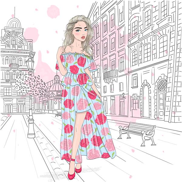 دختر کارتونی زیبا با دست کشیده شده در لباس در پس زمینه با شهر تصویر برداری