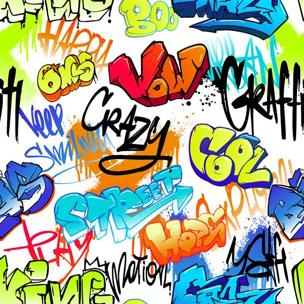 الگوی گرافیتی بدون درز انتزاعی چاپ سبک هنر خیابانی برای پارچه های ورزشی لباس کاغذ بسته بندی تکرار نوجوانان زینت شهری حروف گرانج هنر بی پایان