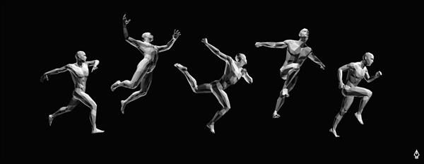 مدل افراد چند ضلعی در حالت های مختلف مرد دونده یا دونده ماراتن مردان در حال رقصیدن و پریدن هستند طراحی برای ورزش مدل بدن انسان سه بعدی وکتور برای بروشور بروشور لوگو یا بنر