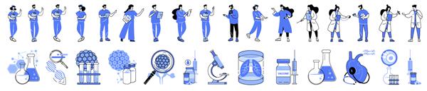 مجموعه مجموعه ای از کاراکترهای کارمند پزشکی با تصویر برداری خطی پزشکان و پرستاران بیمارستان لوله آزمایش آزمایشگاهی پزشکی لقاح آزمایشگاهی تشخیص و درمان بیماری