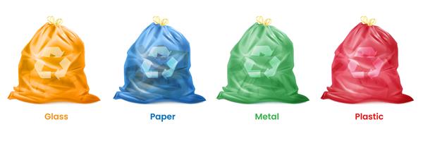 سطل زباله جدا واقع بینانه کیسه زباله کیسه‌های پلاستیکی سه بعدی برای زباله‌های آشپزخانه جداکننده‌های ابزار اکو بسته دسته‌های زباله محیط بازیافت را جمع‌آوری می‌کنند تصویر برداری سطل زباله