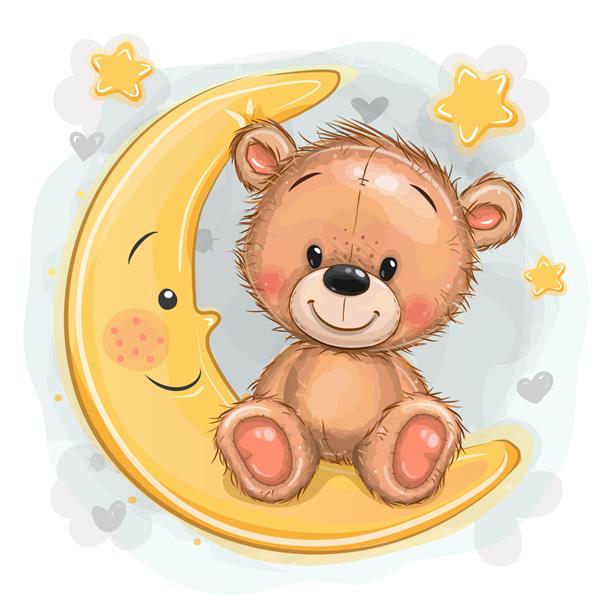 کارتونی ناز خرس عروسکی قهوه ای روی ماه