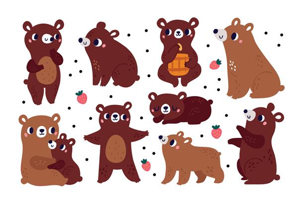 خرس قهوه ای کارتونی حیوانات جنگلی خنده دار پستانداران درنده با عسل و انواع توت ها شخصیت ها در حالت ها و اقدامات مختلف مادر و فرزند ناز جانوران جنگلی