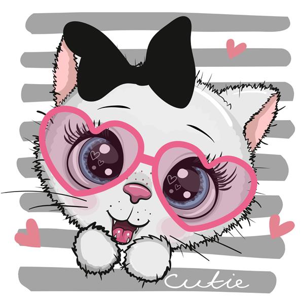 گربه کارتونی بامزه با پاپیون مشکی و عینک قلبی شکل
