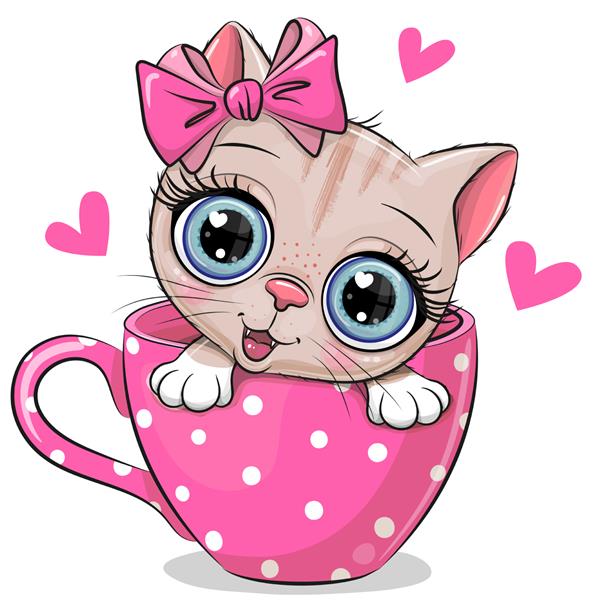 بچه گربه کارتونی ناز با کمان در یک فنجان قهوه نشسته است