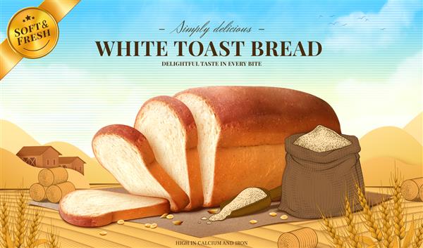 آگهی نان تست سفید تصویری از یک قرص نان سفید سه بعدی ساخته شده از آرد گندم بر روی پس زمینه حکاکی شده مزرعه گندم