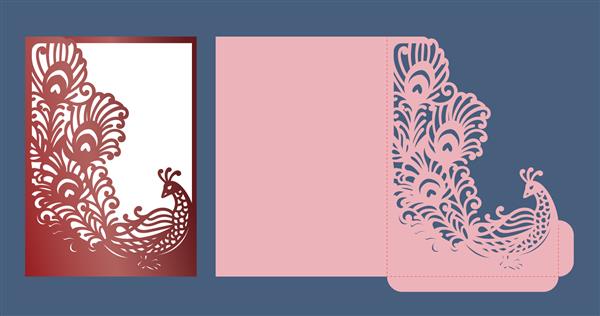 قالب پاکت جیبی دعوت عروسی برش لیزری با پرهای طاووس جلد دعوت عروسی یا کارت تبریک با تزئینات انتزاعی مناسب برای کارت تبریک دعوت نامه منو