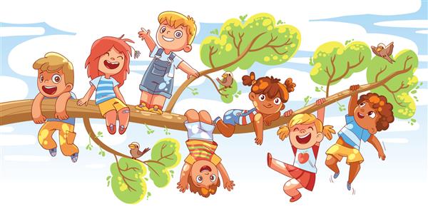 کودکان در روز آفتابی به شاخه درخت آویزان شده بودند شخصیت های کارتونی رنگارنگ تصویر برداری خنده دار