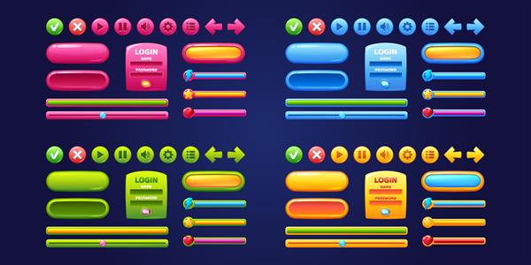 رابط طراحی بازی با دکمه ها و پنل های براق مجموعه کارتونی وکتور عناصر رابط کاربری با رنگ های مختلف دکمه های دایره ای با نمادها نوارها لغزنده فلش ها و قاب ورود