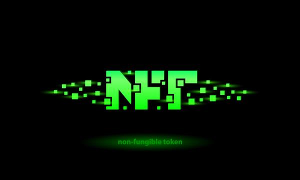 بنر متنی NFT نئون سبز با ذرات پیکسل مربعی در اطراف بنر مجازی با علامت اختصاری NFT